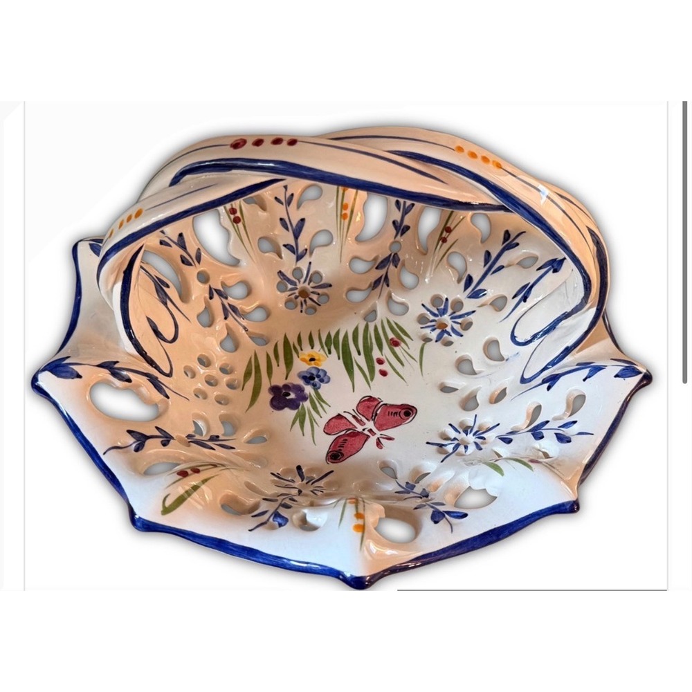 Vintage RCCL Portugal Hand Painted Ceramic Lattice Basket Butterfly Floral